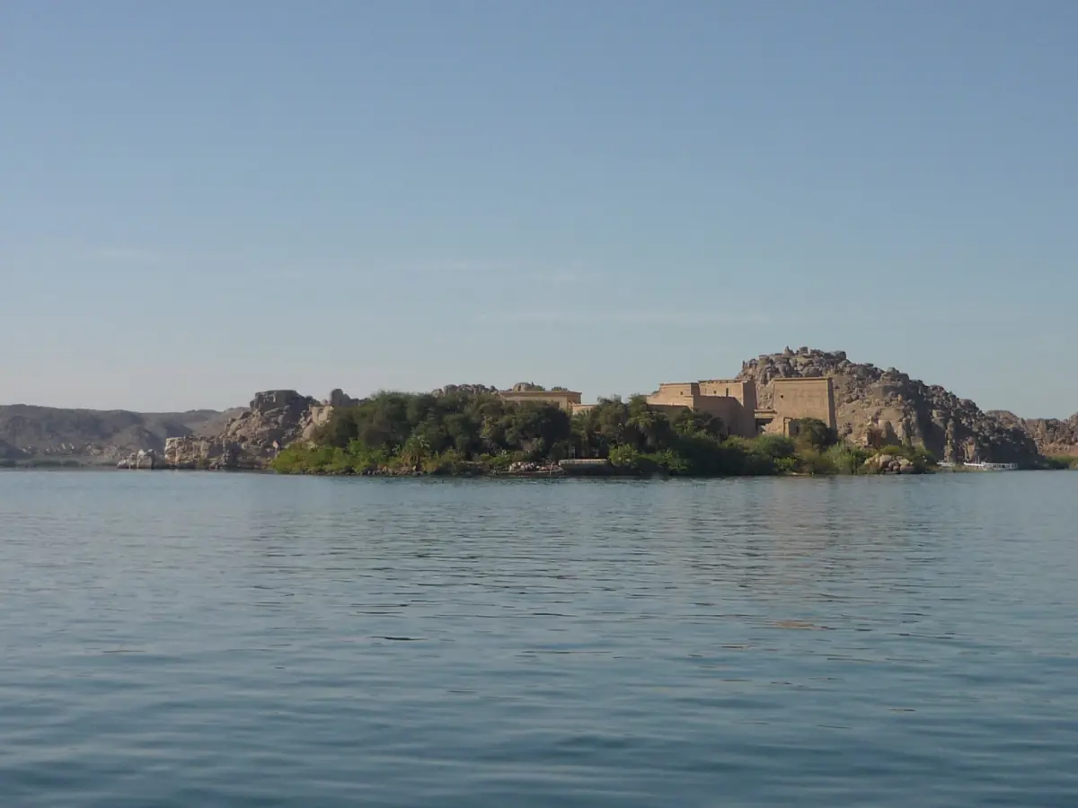 Low island with the temple seen from across the lake