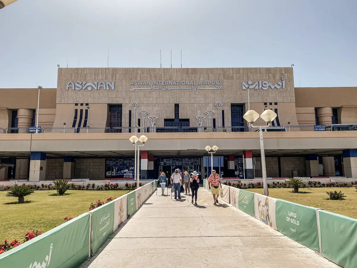 Entrance building of Aswan airport with a walkway