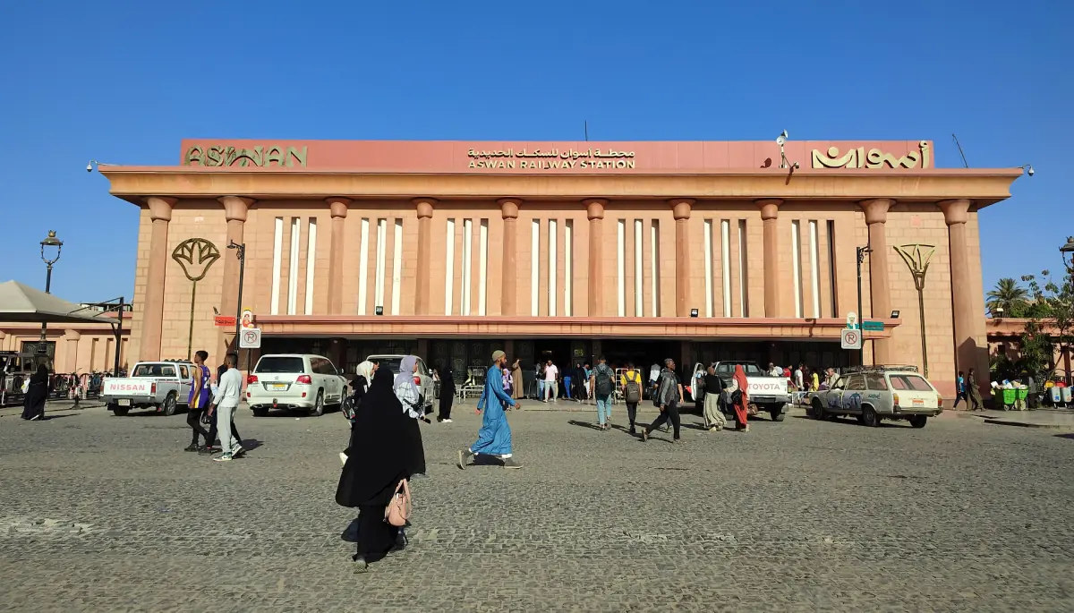 Front of the railway station building in Aswan
