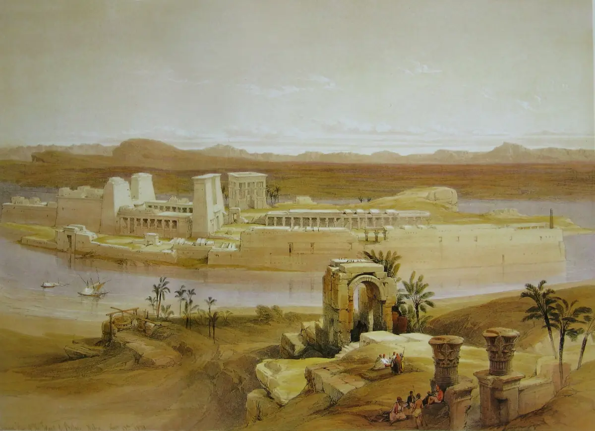 Nineteenth-century watercolor of the island of Philae in the Nile