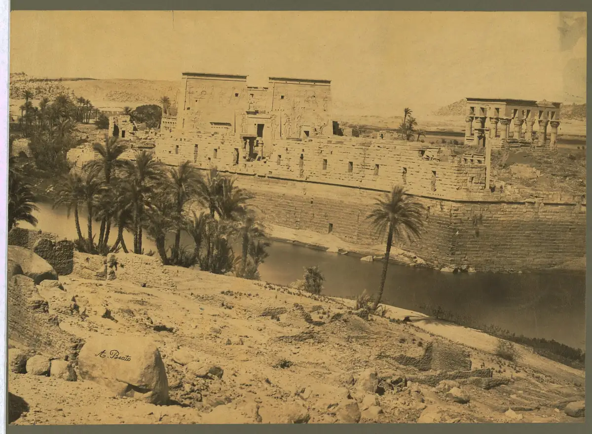 Photographie ancienne des temples de Philae parmi les palmiers