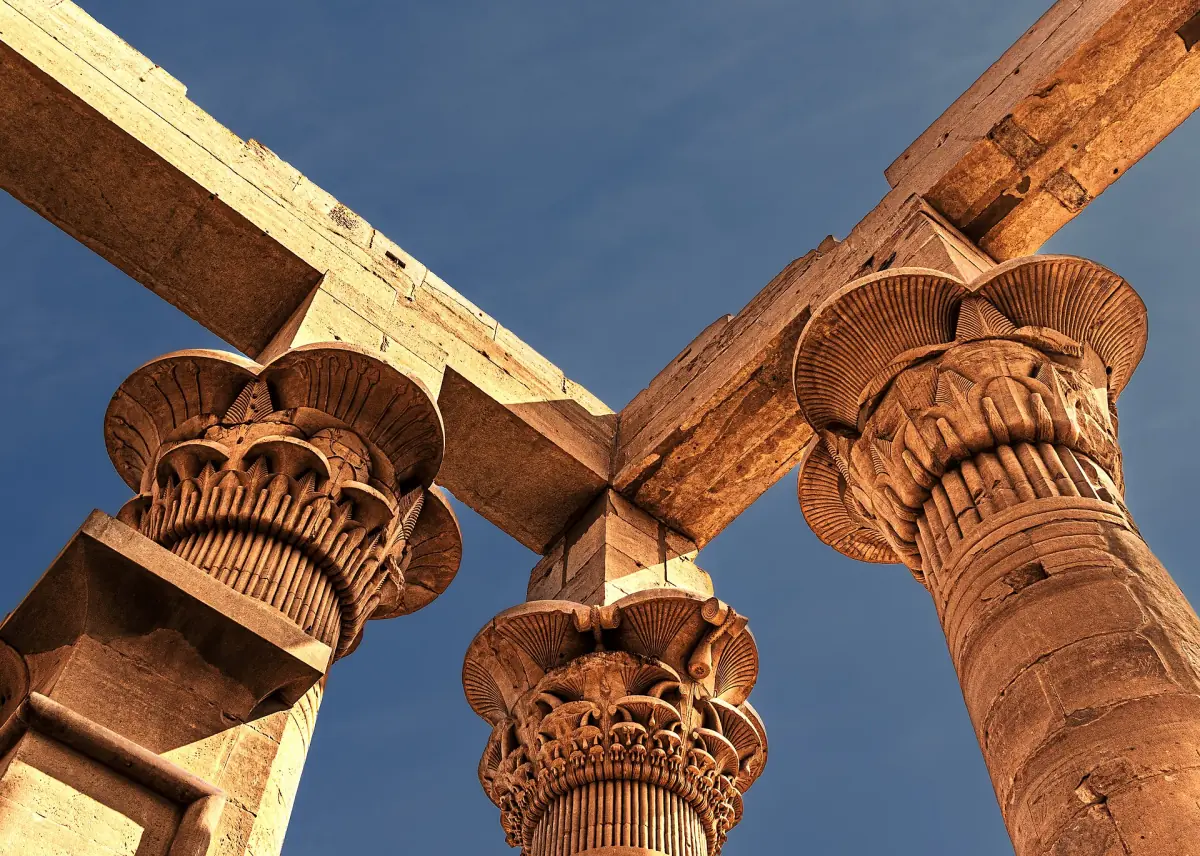 Looking up at the plant capitals of Philae kiosk columns