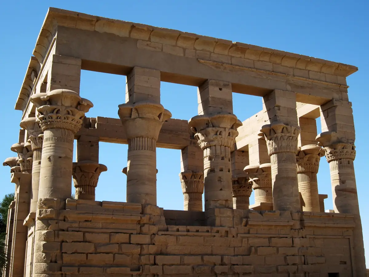 Trajan's Kiosk at Philae with open columns against blue sky